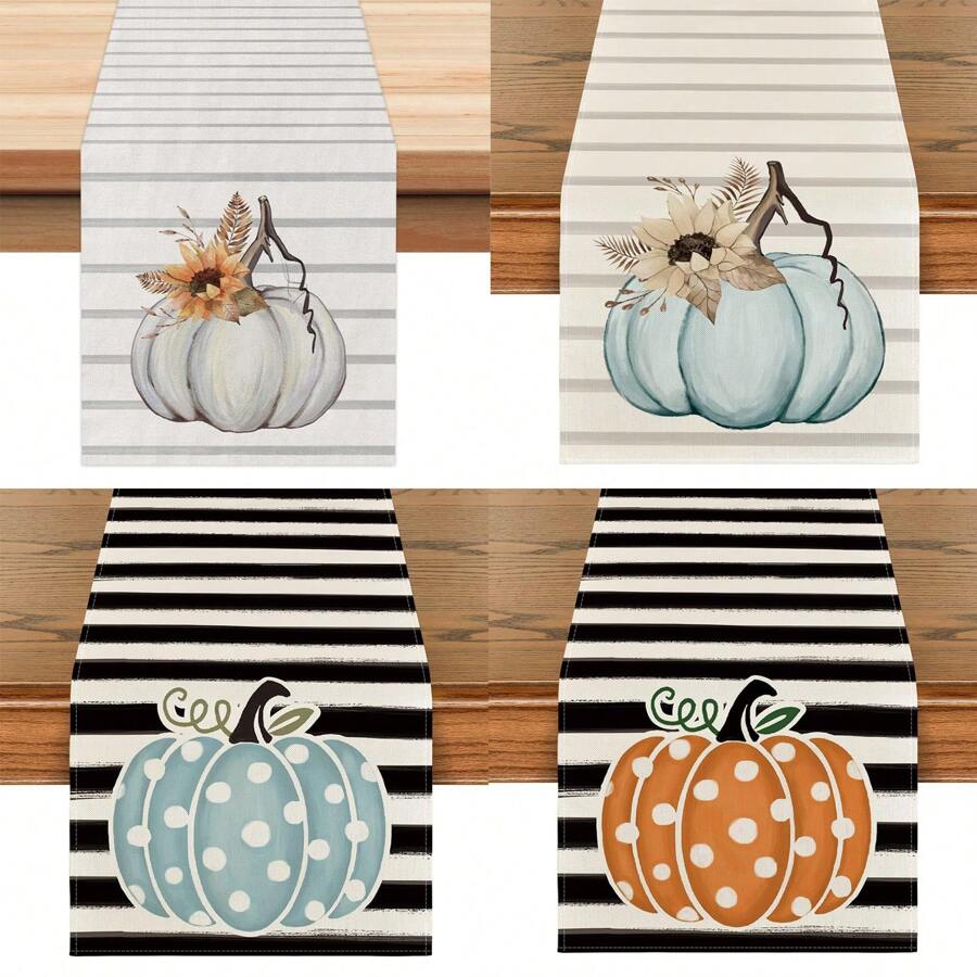 Corredor de mesa listrado de abóbora, girassol e folhas de ação de graças de outono; Decoração de mesa interna de serapilheira listrada sazonal para cozinha de fazenda, reuniões familiares e decoração de outono, adequada para feriados, festas, aniversários, casamentos e jantares, decoração de casa, artigos de festa