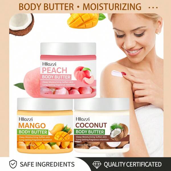 Hllozzi 200ml/6.7fl.0z Body Butter With Peach, Mango, And Coconut; Hyaluronic Acid Moisturizing Lotion, VC Plant Extract Essence, Hydrates And Nourishes Skin; Non-Greasy Formula