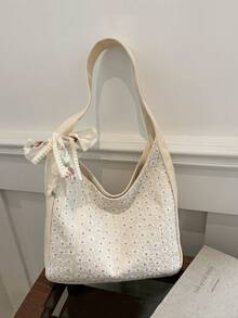 1入文藝小清新女士肩袋手提包，帆布包通用輕便釦扣，日常通勤旅行假期商務戶外學院購物聚會婚禮工作下午茶，送給朋友生日禮物實用單色帆布時尚簡約刺繡花飾優雅休閒包，適用於學生、女性、女孩、女友、白領，旅行配件 - 白色 - 查看 8