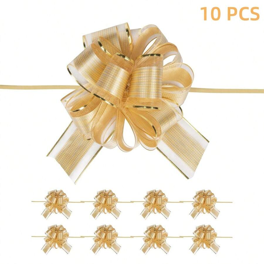 10 Pieces Pull Bow Gift Wrapping Pull Bow Ribbon, Pull Bows For Christmas Wedding Baskets Valentine's Day, Bows Multicolor Ribbon Bow For Gift Wrapping (Gold) - 10 - View 1