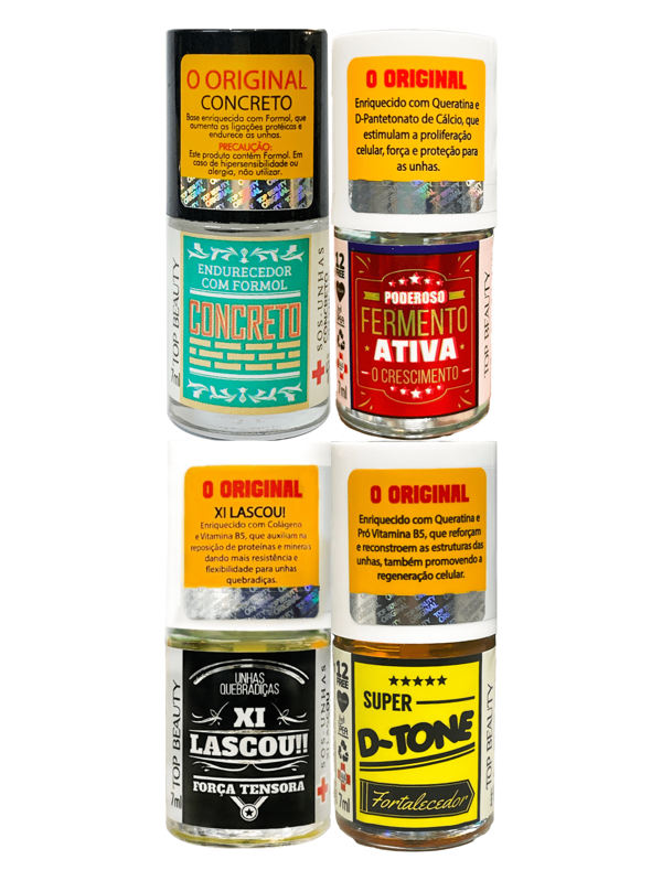 Kit 4 Bases Fortalecedoras para Unhas Concreto Endurecedor + Fermento Ativa o Crescimento + Super D-Tone + Xi Lascou Força Tensora S.O.S Unhas Top Beauty 7mL