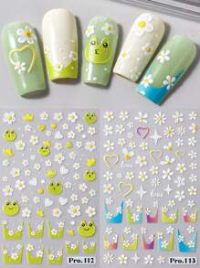 2入組白花彩色卡通青蛙指甲貼紙，適用於法式美甲，簡單膠帶式滑块，優雅設計花紋紋理雕刻裝飾用具 - 彩色 - 查看 4