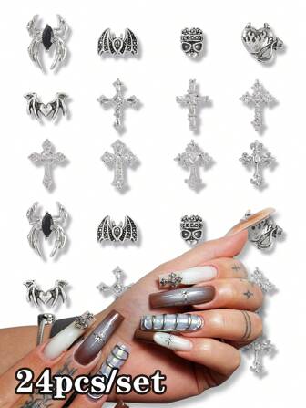 24 st/set silver och svart halloween kors dödskalle spindel fladdermus nagelkonstdekoration legering strass y2k metallstil halloween mörk stil gör-det-själv nagelkonstdekorationer retro gotisk 12-rutnät nagelkonst tillbehör set nagelglitter metallborr 3D metallnagelborr, lösnageldekorationstillbehör för kvinnor och flickor manikyrtillbehör nagelberlocker nagelstenar naglar