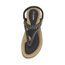 LITTLEPLUM Sandalias planas para mujer con punta abierta de diamantes de imitación, elásticas, de fácil deslizamiento, con correa trasera para caminar cómodamente y de uso casual - Negro - Ver 4