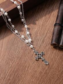 Victorian Gothic Cross  Necklace With Chain Charm Handmade Sacred Faux Pearl Beaded Layered Jewelry Mother's Day Gift For Her