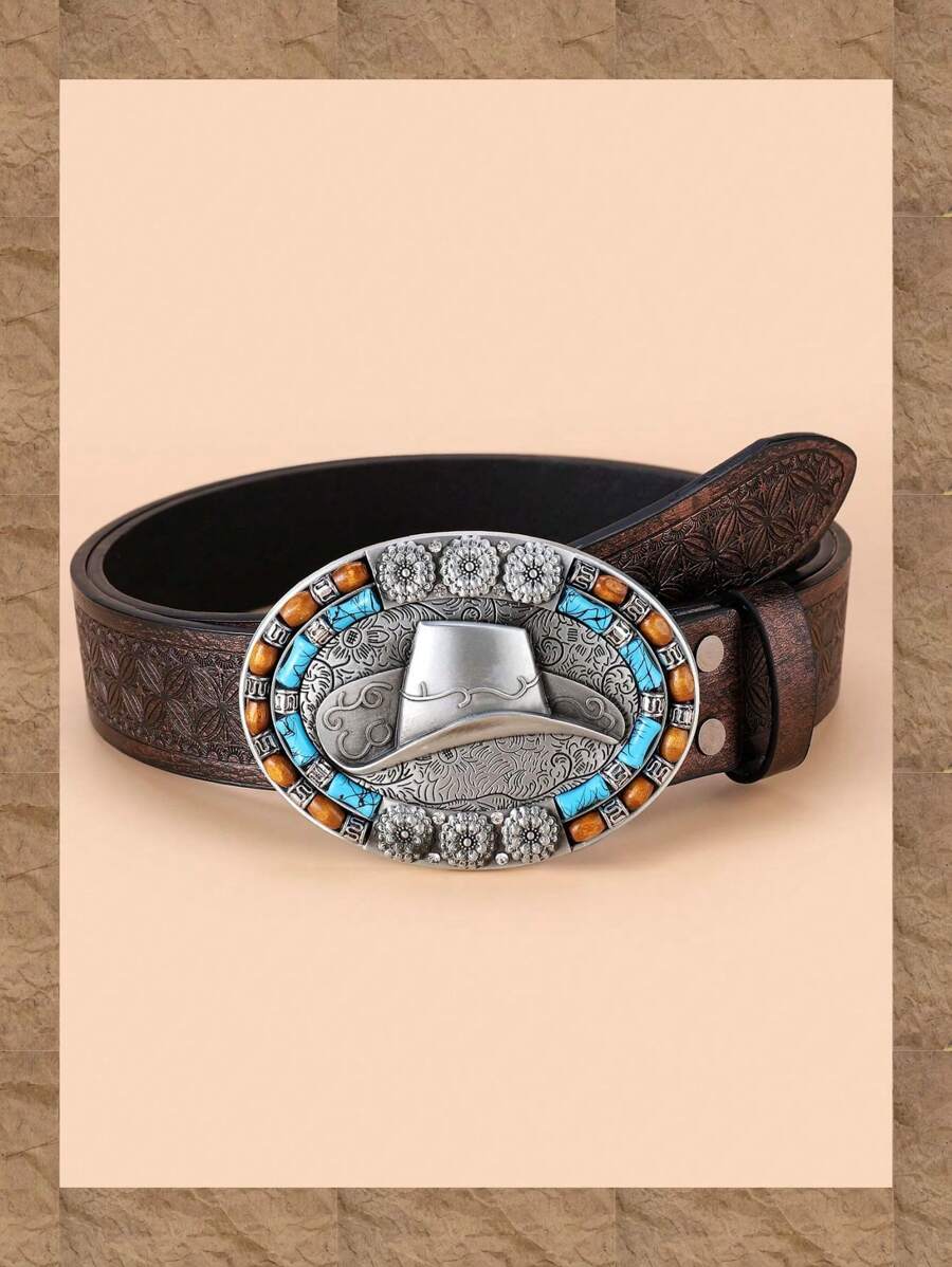 1pc Women Geometric Embossed Cowboy Hat & Bead Decor Oval Buckle Vintage Western Belt For Daily Life Boho Fall, Autumn, Halloween - Bronze - View 1