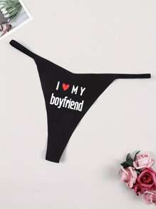 Women's Sexy Black Printed Underwear, Thin And Sexy T-Back G-Strings - Black - View 1