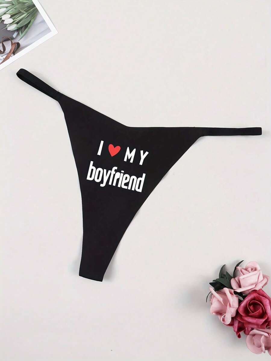 Women's Sexy Black Printed Underwear, Thin And Sexy T-Back G-Strings - Black - View 1