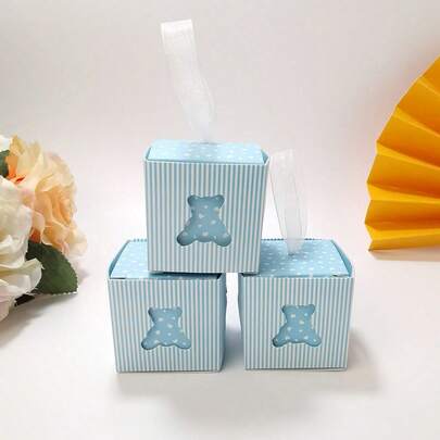 10pcs Blue Teddy Bear Pattern Candy Boxes, Birthday Party Favors Packaging,Christmas Valentine Day