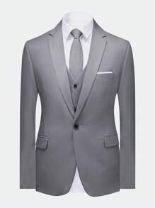 CLOUDSTYLE 男士春秋色澤純淨的翻領長袖夾克背心和褲子套裝，商務旅行套裝 - 淺灰色 - 查看 4