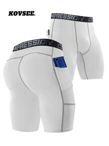 KOVSEE Pocket Skinny Compression Workout Shorts Basketball Training 5-Point Pants Breathable High Elasticity Base Layer Tight Pants Running Fitness Swim Trunks
