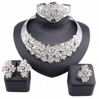 1 套时尚水钻雪花项链、手镯、耳环、戒指首饰套装，适合女性婚礼、派对、日常佩戴，非常适合女性生日/节日礼物