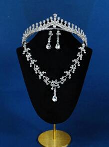 4pcs/Set Luxury Rhinestone Crown Necklace & Earrings Set, Bridal Wedding Party Jewelry Accessories