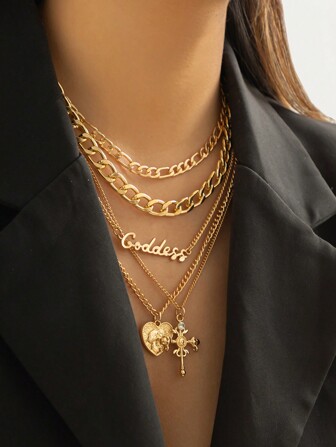 6入組復古方形標籤吊墜頸鏈，女性庞克金屬金色連結頸鏈，Y2K珠寶，蒸汽龐克風