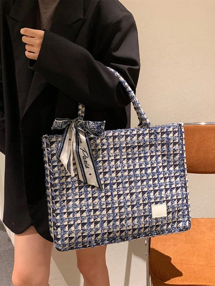 Bow Decor Lightweight, Portable, Large Capacity Casual, Fashion Plaid Pattern Skinny Scarf Decor Shoulder Tote Bag Classic Tweed Plaid Tote Bag With Skinny Scarf Decor, Large Capacity For Girls, Women Large Capacity Shoulder Bag Middle School, High School, Work, Business, Commute, Perfect Valentine's Day Gift For Her, Bow Purse For Women, Best Valentine's Gift Choice Ever