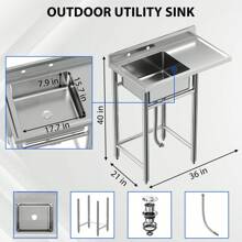 Kitchen Sink With 4 Knife Holders, Outdoor Free Standing Sink, Utility Single Bowl Kitchen Sink With Drainboard, Stainless Steel Sink For Commercial Kitchen Garage Laundry Room, 40"
