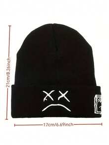 1 pieza Gorro de punto unisex de moda en negro y blanco con patrón bordado de cara triste y letra - Multicolor - Ver 7