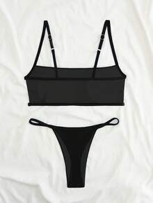 2pcs/Set Multicolor Bandeau Backless Sexy Bikini & Thong Swimwear - Black - View 4