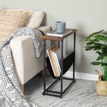 Side Table, Narrow End Table, Industrial Bedside Tables With Magazine Holder Sling, Small Table For Small Spaces, Skinny Magazine Table - Brown - View 3