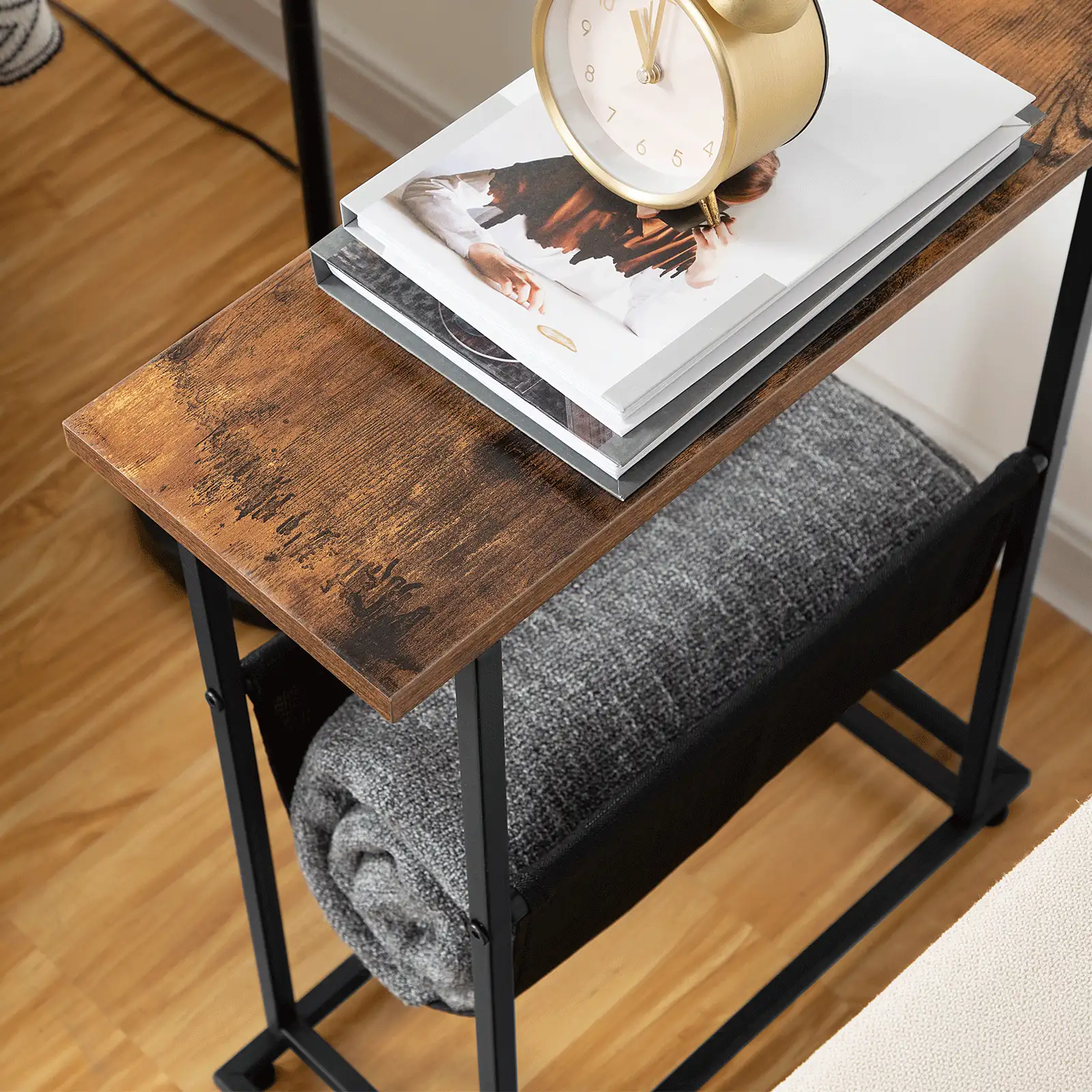 Side Table, Narrow End Table, Industrial Bedside Tables With Magazine Holder Sling, Small Table For Small Spaces, Skinny Magazine Table - Brown - View 8