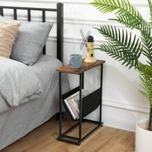 Side Table, Narrow End Table, Industrial Bedside Tables With Magazine Holder Sling, Small Table For Small Spaces, Skinny Magazine Table - Brown - View 2