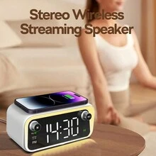 Beluga D6 無線充電鬧鐘，具有氛圍夜燈，多功能創意 V5.3 藍牙音箱 - 白色 - 查看 7