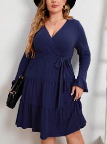 Women Plus Size V Neck Wrap Dress High Waist Ruffle Long Sleeves Casual Midi Belt Dress - 藏蓝色 - 查看 4
