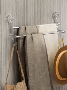 1pc Double Bar Towel Rack With Hook, Wall-Mounted Storage Shelf With Suction Cup, Towel Bar Holder For Wet/Dry Towels, Reusable Drying Rack, For Bathroom Organization, Door Hook, Metal Storage Hook, Suitable For Towels, Bath Towels, Scarves, Bath Sponges, Home Decor, Room Decor, Bathroom Accessories