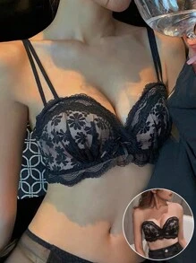 Push-Up Lace Bra, Non-Wired, Anti-Side Boob, Thick Padding, Strapless, Sexy, Suitable For Small Busts, Lingerie - Black - View 1