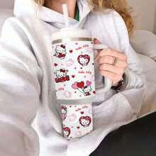 Sanrio 1 pieza Botella de agua de acero inoxidable de 40oz con asa, aislada, al vacío, con diseño lindo de Hello Kitty, portátil para viajes al aire libre (con pajita)