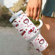 Sanrio 1 pieza Botella de agua de acero inoxidable de 40oz con asa, aislada, al vacío, con diseño lindo de Hello Kitty, portátil para viajes al aire libre (con pajita)