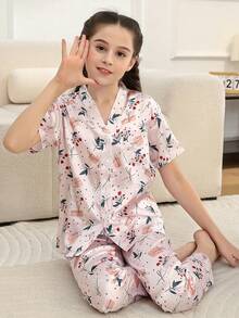 Summer Girl's Satin Pajama Set, Shorts, Silk Button-Up Short Sleeve V-Neck Top, Suitable For Children Aged 8-13 Years - Pink - View 5