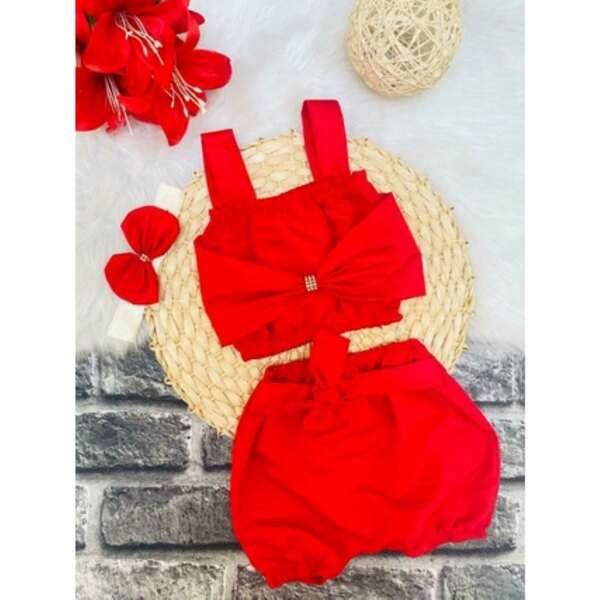 Conjunto Cropped Laço e Short infantil roupa bebê até 6 meses com faixa de cabelo