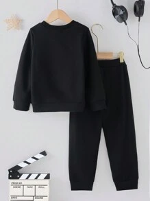 Fall/Winter Young Boys' Solid Color Letter Printed Long Sleeve Sweatshirt With Ribbed Collar + Solid Color Letter Printed Pants Two Pieces Set - Black - View 2
