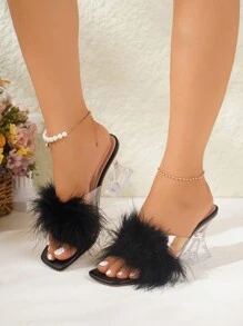 女士毛绒人造毛皮露趾高跟鞋，户外时尚休闲透明水晶高跟凉鞋，春夏款