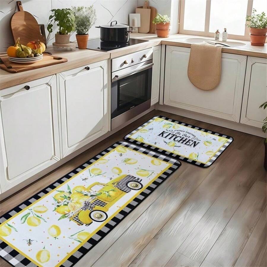 2PCS Anti Fatigue Kitchen Rug Set Of 2 Non Slip Cushioned Kitchen Mats For Floor Waterproof Comfort Kitchen Rugs And Mats Farmhouse Chef Mats Floor Carpet For Sink,Laundry Room,Machine Washable, Easy To Clean,Food,,Kitchen,Travel,Kitchen Items,Kitchen Tools,Kitchen Things. - Multicolor - View 1