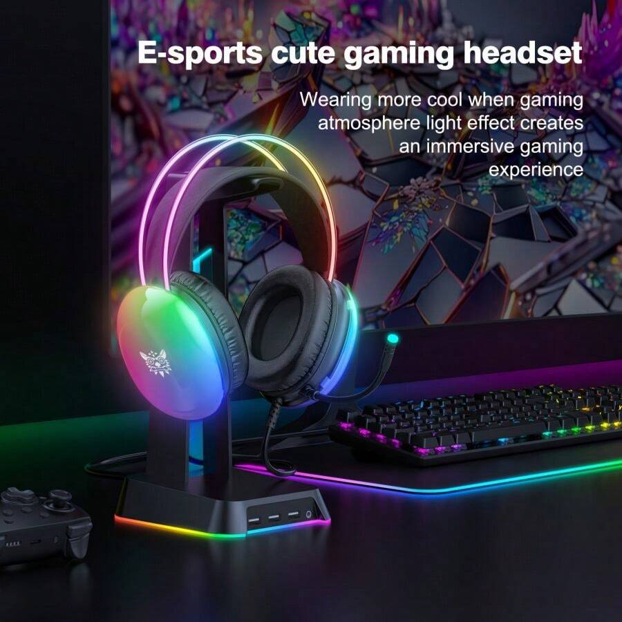 ONIKUMA 黑色游戏耳机全新全动态 RGB 灯有线耳机带麦克风降噪功能，适合 PC 游戏玩家 - 黑色 - 查看 1