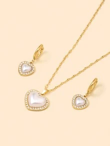 3入組歐美派對熱銷18k金鍍鈦鋼珍珠鑽石嵌入心形吊墜項鍊耳環，奢華優雅幸運女神生日禮物套裝。法式復古重型3D心形高級多功能風格女士閨蜜假日派對情人節珠寶套裝 - 金白色 - 查看 1