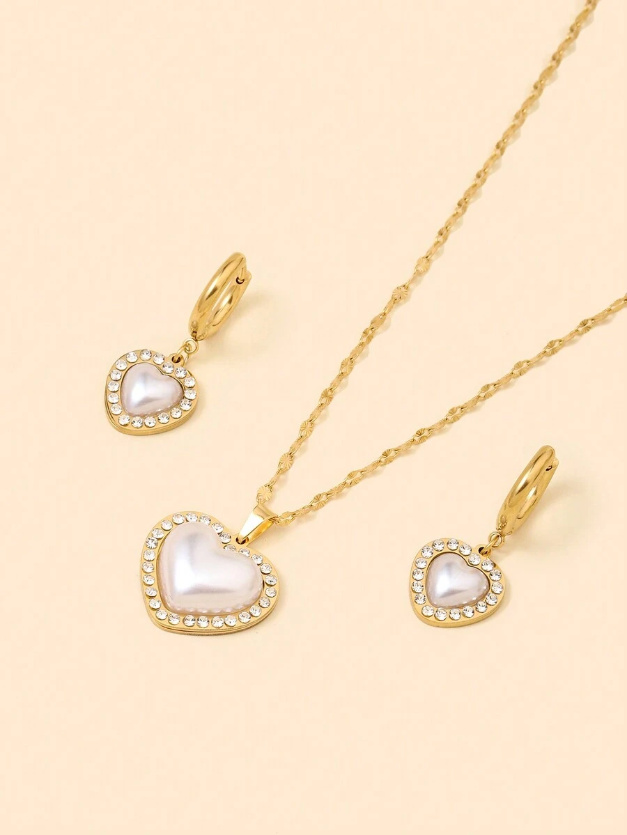 3入組歐美派對熱銷18k金鍍鈦鋼珍珠鑽石嵌入心形吊墜項鍊耳環，奢華優雅幸運女神生日禮物套裝。法式復古重型3D心形高級多功能風格女士閨蜜假日派對情人節珠寶套裝 - 金白色 - 查看 1