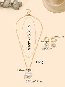 3入組歐美派對熱銷18k金鍍鈦鋼珍珠鑽石嵌入心形吊墜項鍊耳環，奢華優雅幸運女神生日禮物套裝。法式復古重型3D心形高級多功能風格女士閨蜜假日派對情人節珠寶套裝 - 金白色 - 查看 5