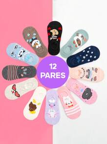 12 Pares Calcetines Invisibles Para Mujer Con Orejas De Peluche,Calcetines De Estilo Barco Con Dibujos Animados De Animales Para Diariamente - Verde militar - Ver 1