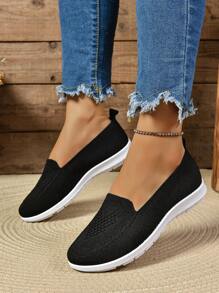 Nuevos zapatos informales de verano, transpirables, con corte bajo, para mamá. Zapatos de mujer con suela blanda y inferior de malla tejida, planos y de fácil puesta - Negro - Ver 3