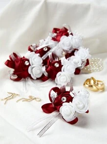 1pc Wrist Corsage For Bride Bridesmaids Wedding , Artificial Burgundy Silk Rose&Faux Pearls Wrist Corsage For Women Girl Wedding Decor, Foam Rose Wrist Corsage For Bridal Shower, Prom Party Ceremony Anniversary Decor Valentine's Day - Burgundy - View 3