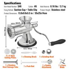 Manual Meat Grinder, 304 Stainless Steel Hand Meat Grinder With Suction Cup + Steel Table Clamp, Meat Mincer Sausage Maker & 2 Cutting Plates, Sausage Tube, Grinding Head For Beef Pepper Cookie - Silver - View 6