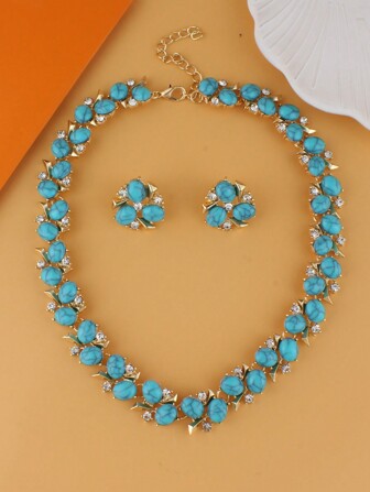 3pcs Women's Elegant Jewelry Set With Green Turquoise Oval, Shiny Rhinestones Necklace And Earrings, Suitable For Valentine's Day, Mother's Day, Teacher's Day, Wedding Parties, Family Gatherings, Bridal Jewelry Set And Daily Wear Valentines,Mom,Mother,Mother's Day,Gift