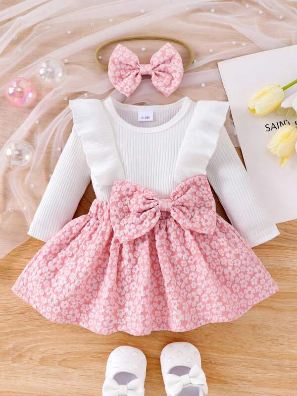 Baby Girl White Lace Long Sleeve Bodysuit And Floral Pink Skirt Set With Headband