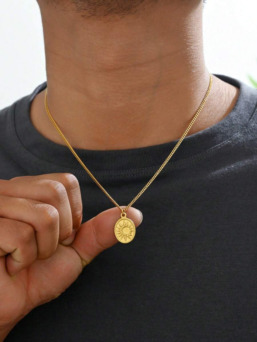 1pc Stylish Stainless Steel Sun Pendant Necklace Men's Daily/Party Jewelry - Yellow Gold - View 1