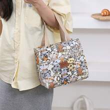 花卉印花方形保溫袋時尚印花午餐袋便當袋便當盒袋通勤休閒手提袋大容量午餐袋方便購物袋