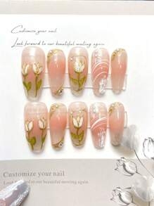 YADORNOS 10入組Y2K三維手繪光療郁金香手工貼式美甲，夏日腮紅花卉中長棺材形假指甲，破碎鑽石修飾假指甲，附有果凍膠和指甲檔的全蓋假指甲，女孩DIY美甲用品 - 彩色 - 查看 1