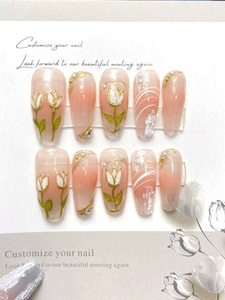 YADORNOS 10入組Y2K三維手繪光療郁金香手工貼式美甲，夏日腮紅花卉中長棺材形假指甲，破碎鑽石修飾假指甲，附有果凍膠和指甲檔的全蓋假指甲，女孩DIY美甲用品 - 彩色 - 查看 1